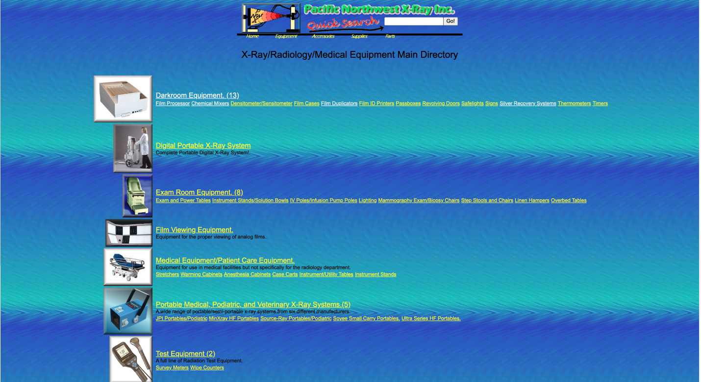 Original Pacific Northwest X-Ray product directory before redesign