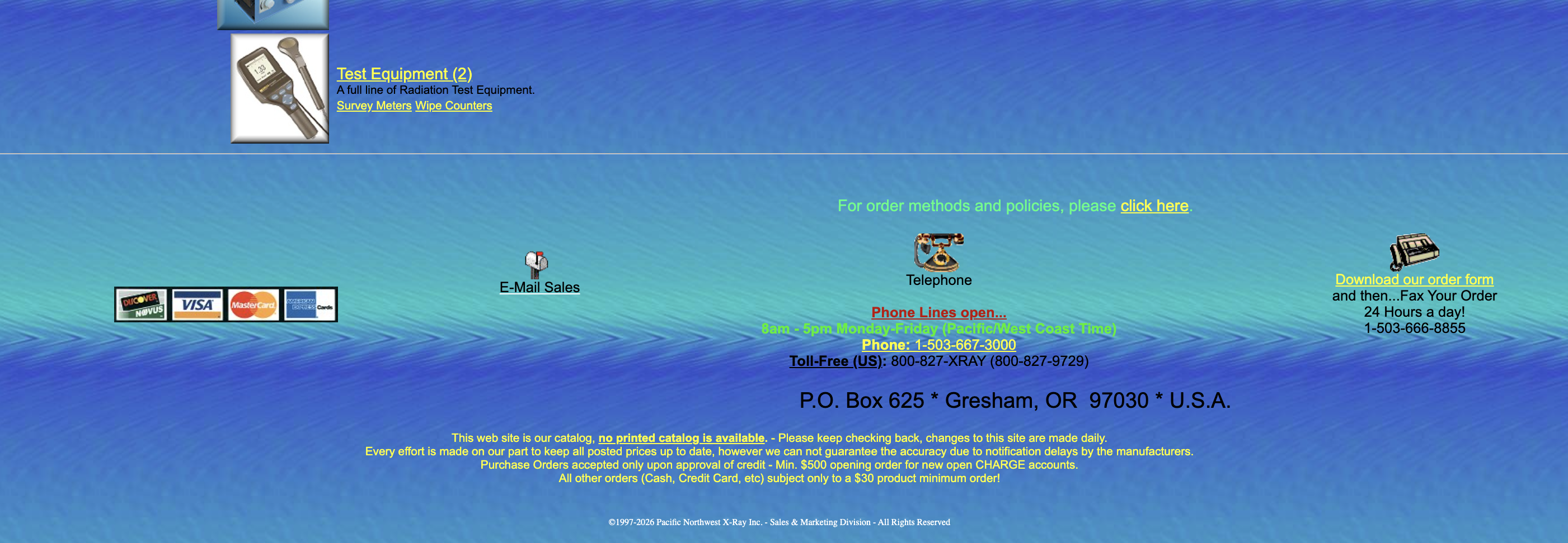 Original Pacific Northwest X-Ray ordering and contact information before redesign