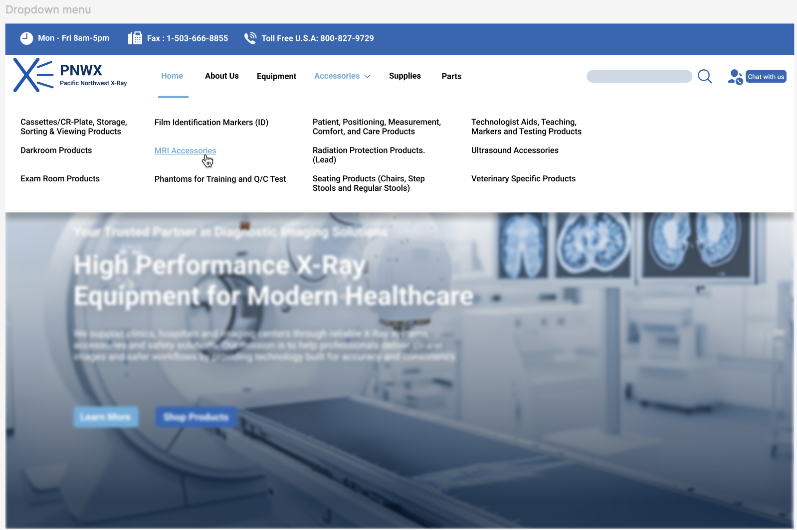 Redesigned Pacific Northwest X-Ray navigation and homepage