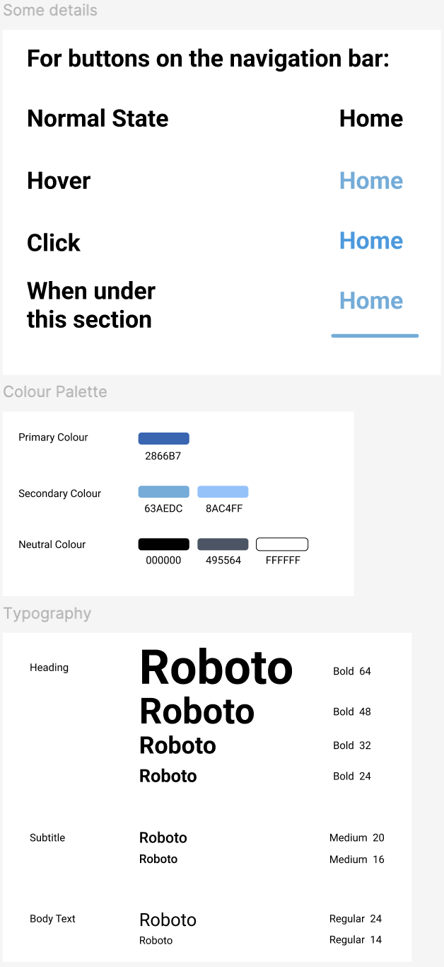 Visual system details including navigation states, color palette, and typography
